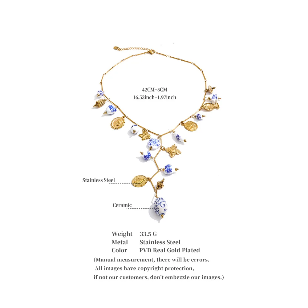 Yhpup Edelstahl-Keramik-Blumenherz-Anhänger Lange Halskette Exklusiver Stil Handgefertigte Perlen Sommer-Trend PVD-Schmuck – Detail 1