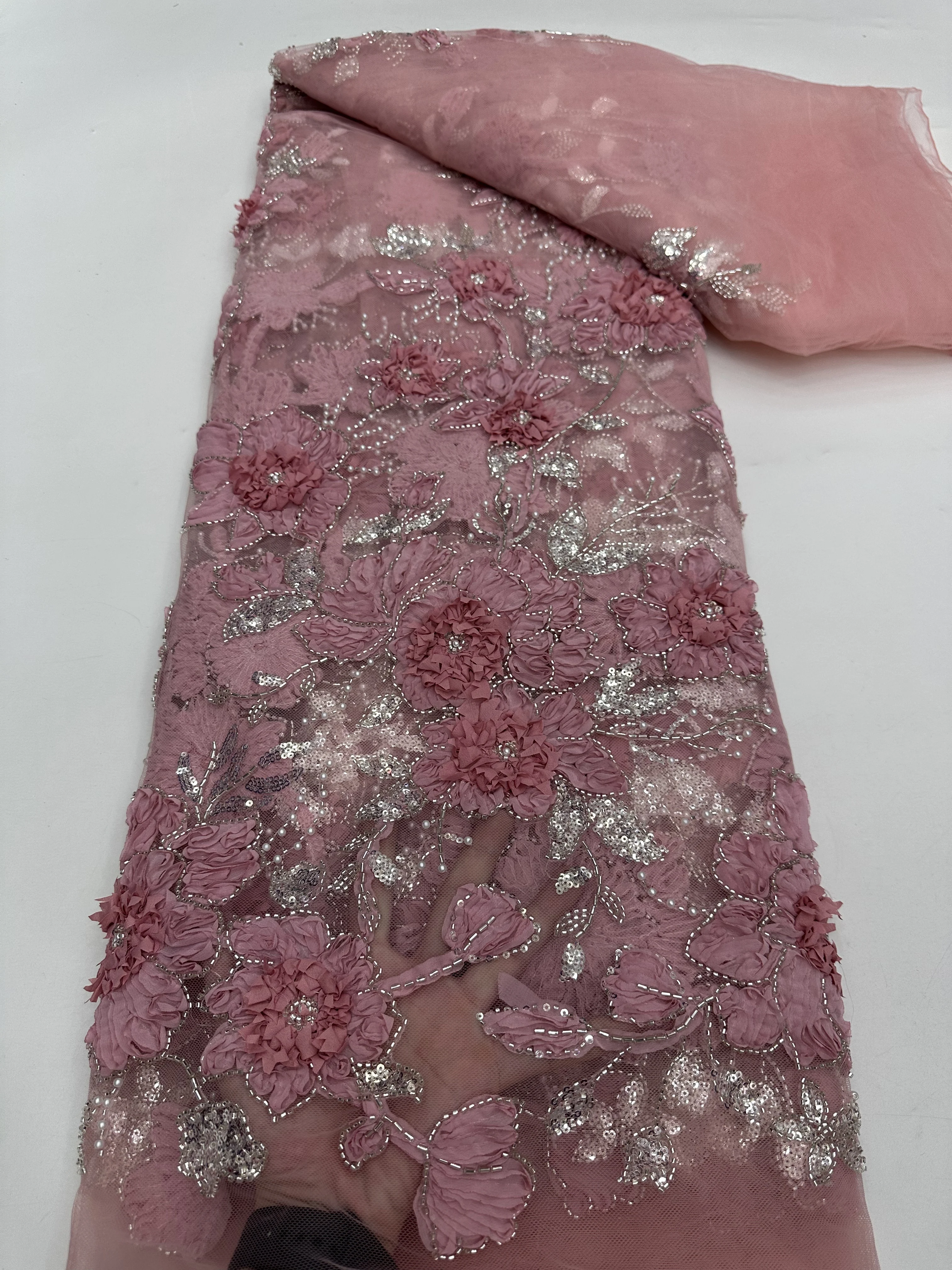 

African 3D Flower Lace Fabric Embroidered 2025 Nigerian Fabric for Sewing Dubai Sequins Tulle For Dress Wedding Party