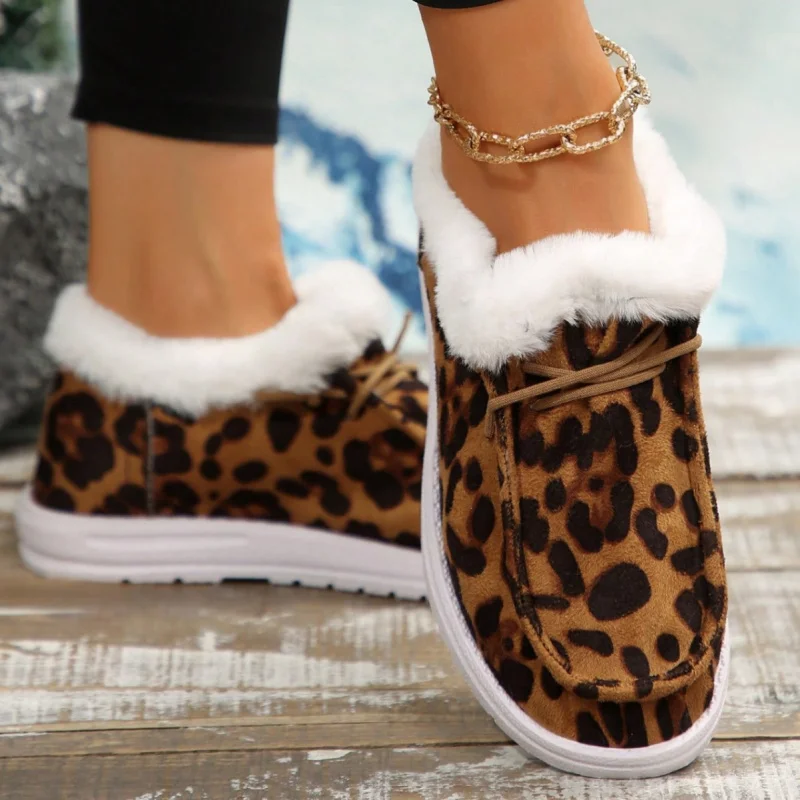 

2025 Winter Thick-Soled Shallow Low-Cut Warm Cotton Shoes for Women Large Size Fleece-Lined Thickened Leopard Print Snow Boots