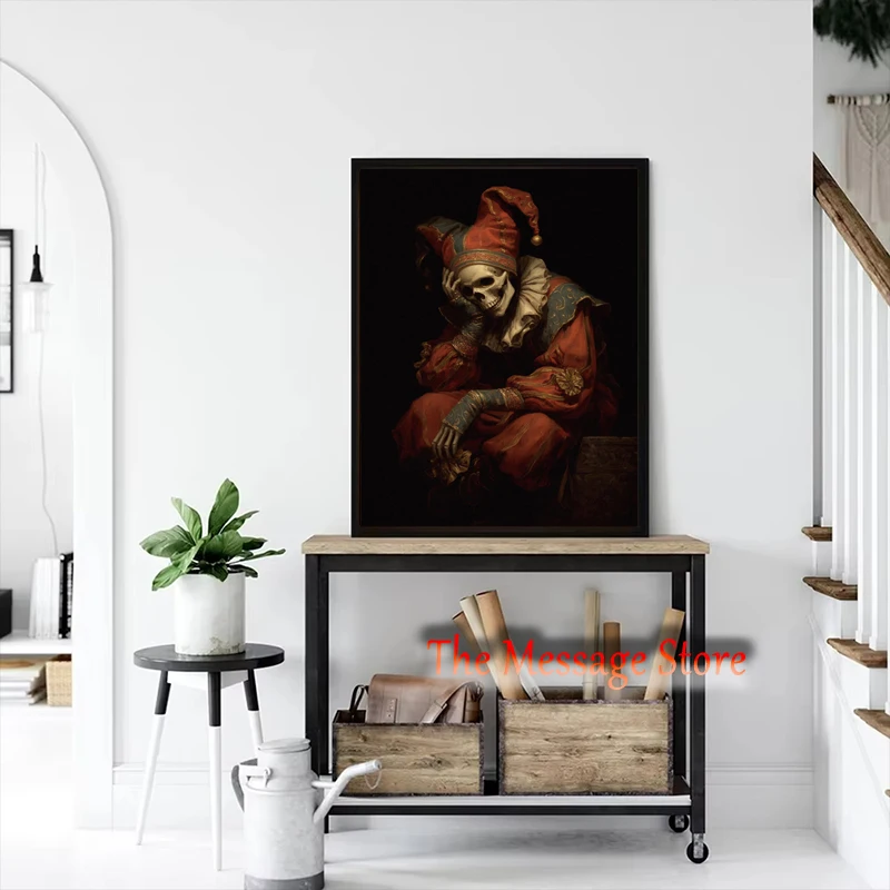 Gothic Skeleton Jester Portrait Renaissance Dark Academia Art Dead Joker Poster Canvas Painting Wall Pictures Home Rrom Decor