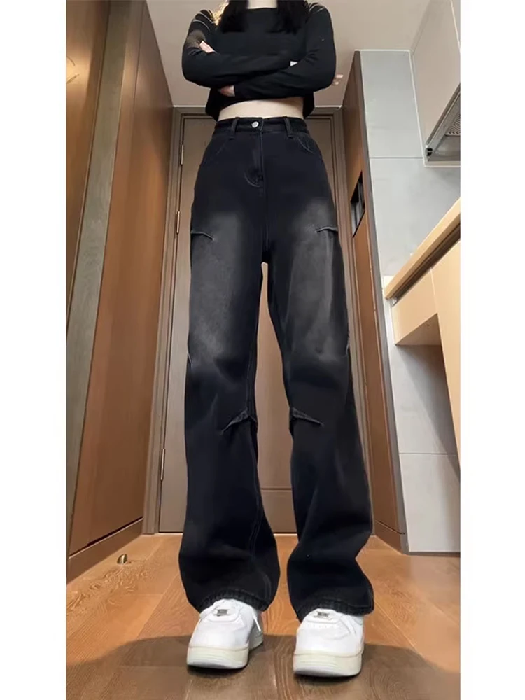

American High Street Waed adient High Waist Jeans Men's Vintage Fold Design Knife Pants Straight Casual Trousers