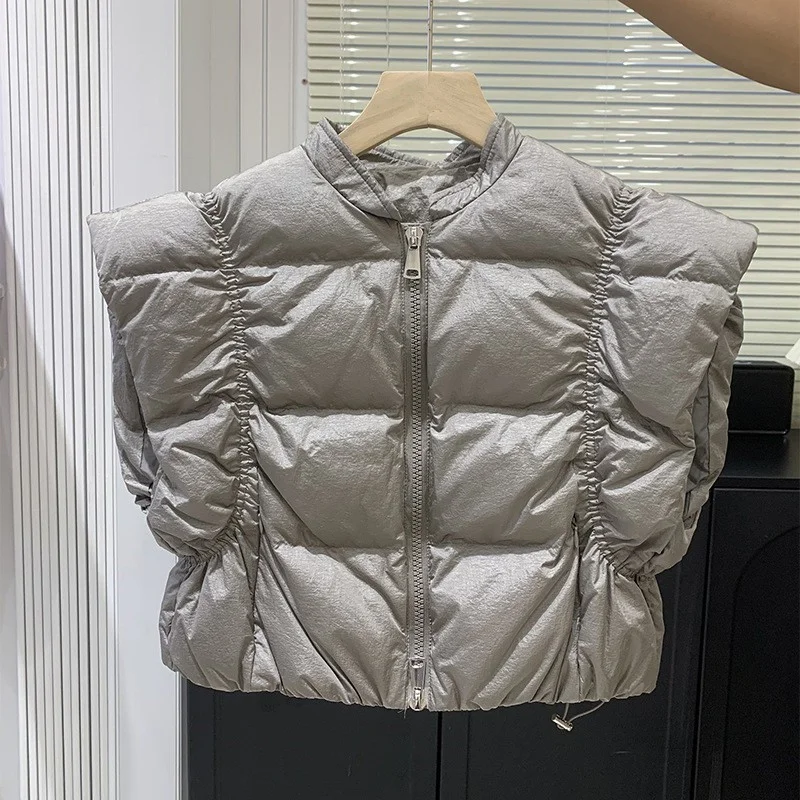 Sleeveless Ultra-Short Down Jacket Vest, Fashionable Waistcoat, Thick Pleats Vest, Personality, Korean, New