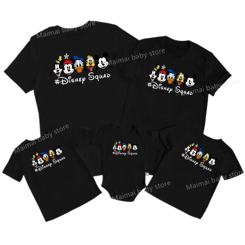 

New 2025 Disney Squad Print Family Matching Shirts Cotton Dad Mom Kids Tshirt Baby Rompers Mickey Ears Family Look Outfits Gifts