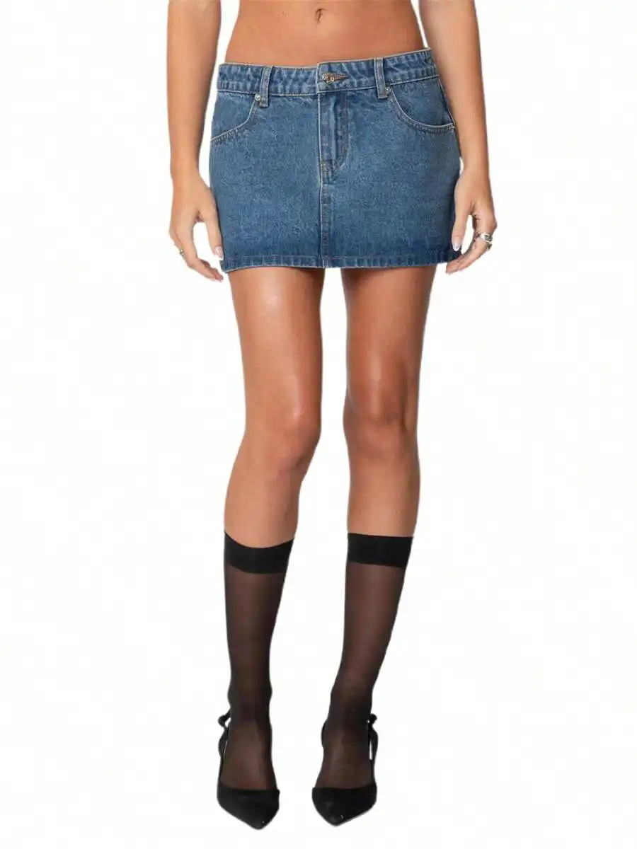 

High-Waisted Denim Mini Skirt with Pockets, Stretchy Casual Jean Skirt for Women