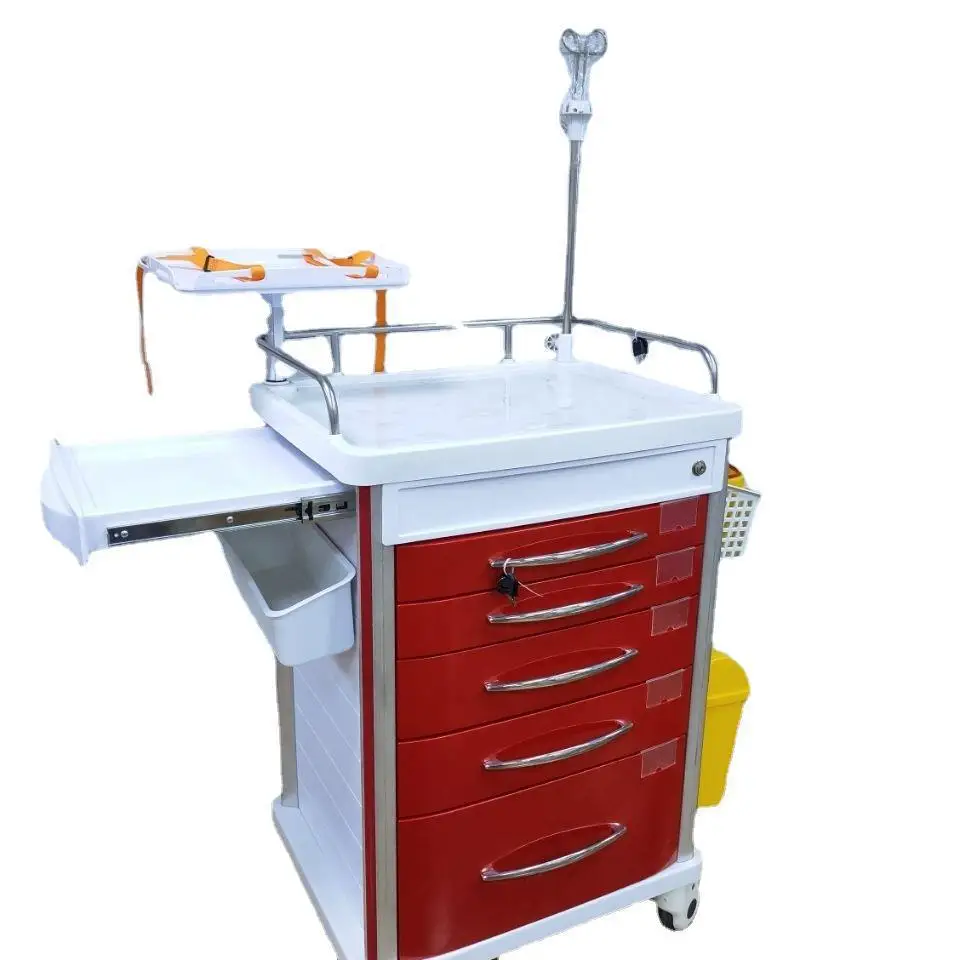 Medical Red Emergency Ambulance Multi-Function Nursing Trolley Drugs Instrument Anesthesia Cart Tail Strop Defibrillator Press