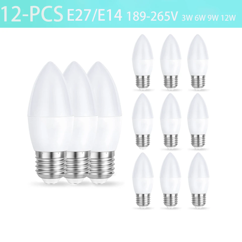 Bombilla LED para candelabros y lámparas de cristal, luz neutra blanca fría, 12 piezas, AC220V, 3W, 6W, 9W, 12W, E27, E14