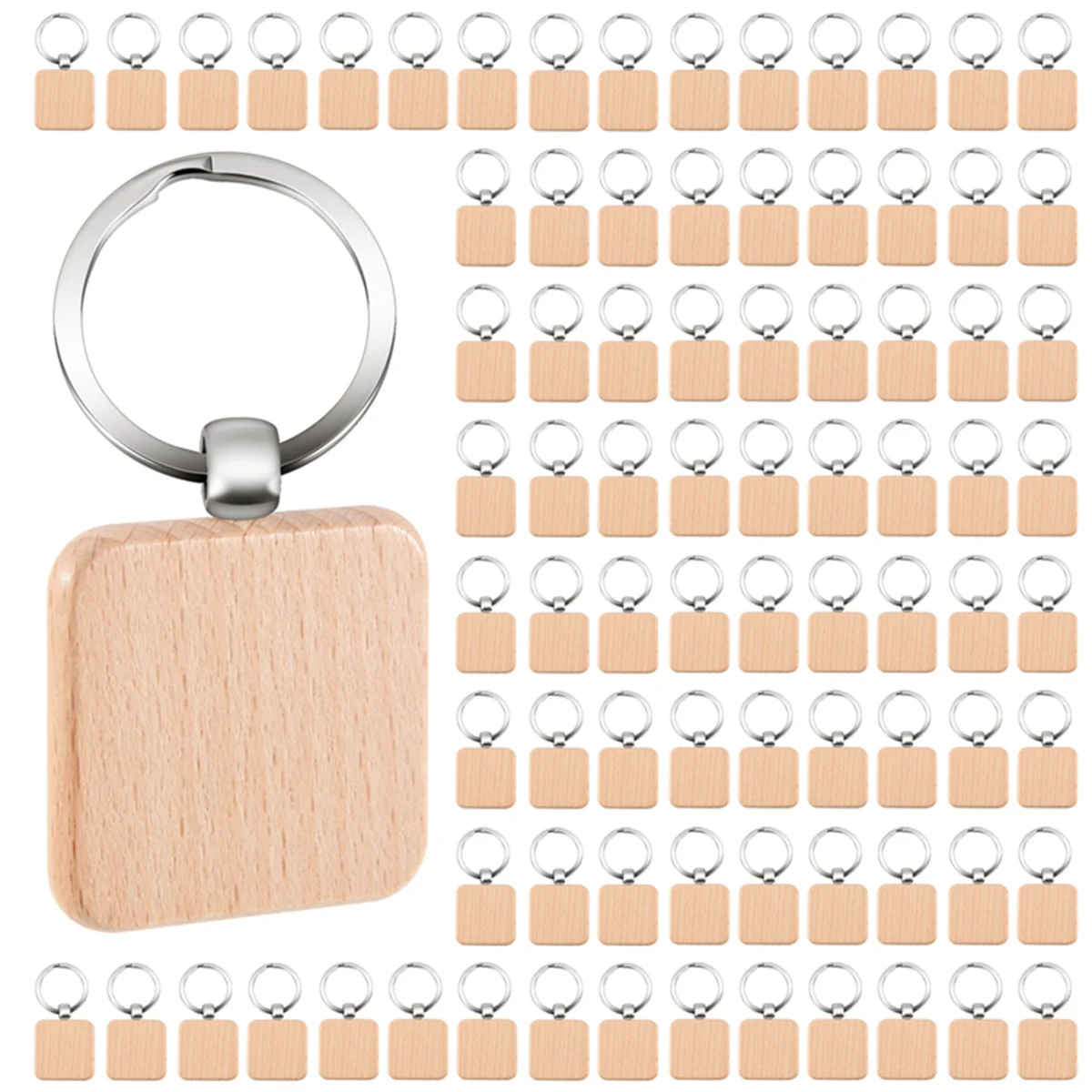 พวงกุญแจไม้ว่างเปล่าขนาด40x40มม., พวงกุญแจไม้แกะสลักทรงสี่เหลี่ยมแบบ DIY 100ชิ้น