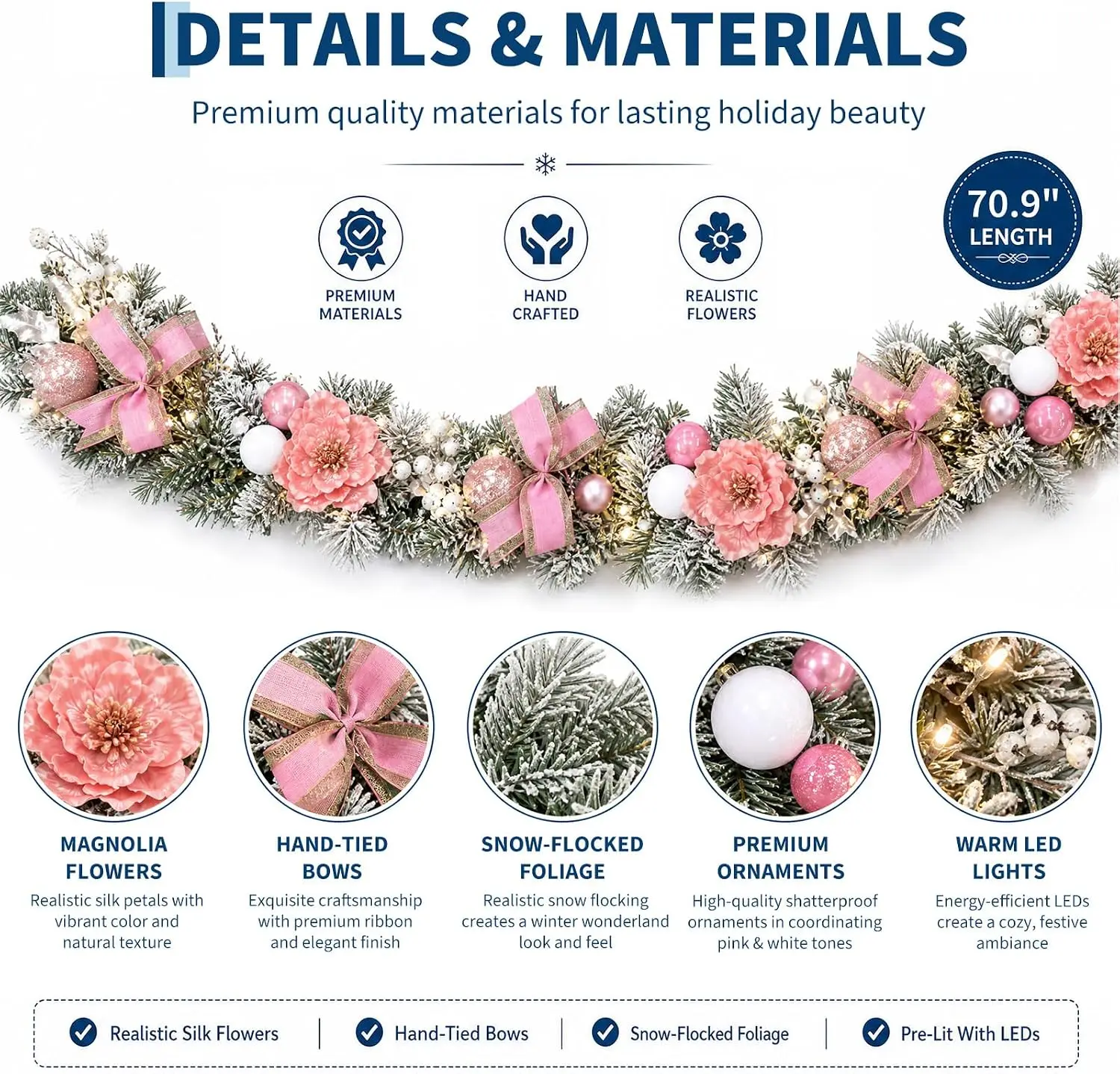 180cm Christmas Garland With Pink Magnolia Artificial Flowers 20 LED Lights 8 Modes And Timer Battery Operated Rattan Vine Decor For Indoor Outdoor Mantel Fireplace And Stair - view 4