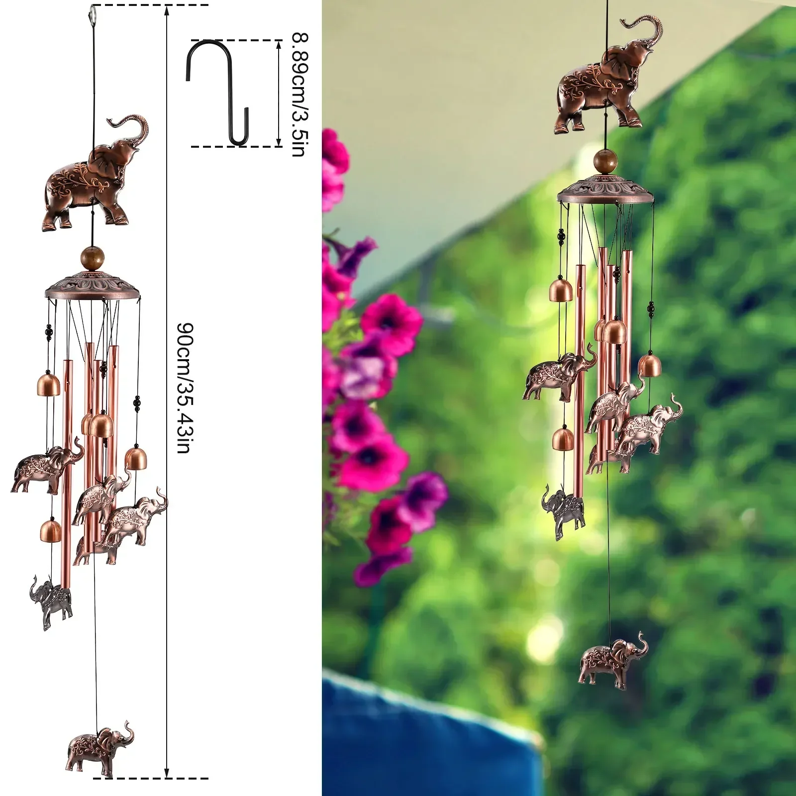 35inch Wind Chimes With Elephant Metal Tubes Outdoor Garden Yard Decoration Retro Creative Hanging Wind Chimes Ornaments