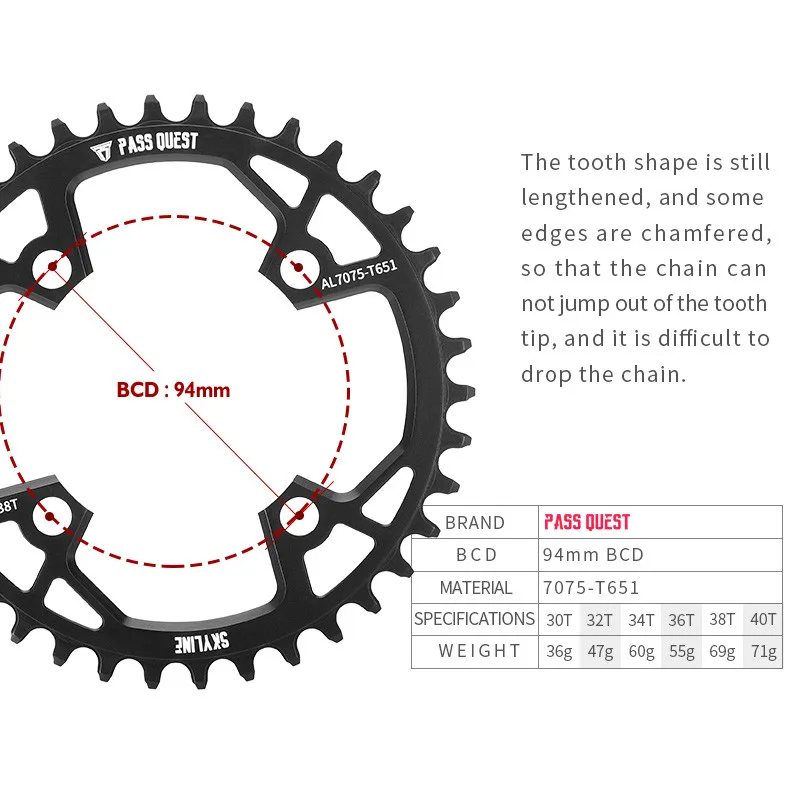 PASS QUEST 94BCD Chainring MTB Narrow Wide 32T/34T/36T/38T/40T Mountain Bike Bicycle Chainwheel forSram NX X1 GX1400 Crankset