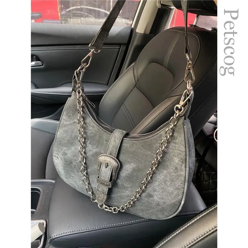 

Y2k Fashion Handbags For Girls Vintage Chain Handle Half-moon Underarm Purse Hobo Grunge Ladies Shoulder Bag Luxury Gray Bags