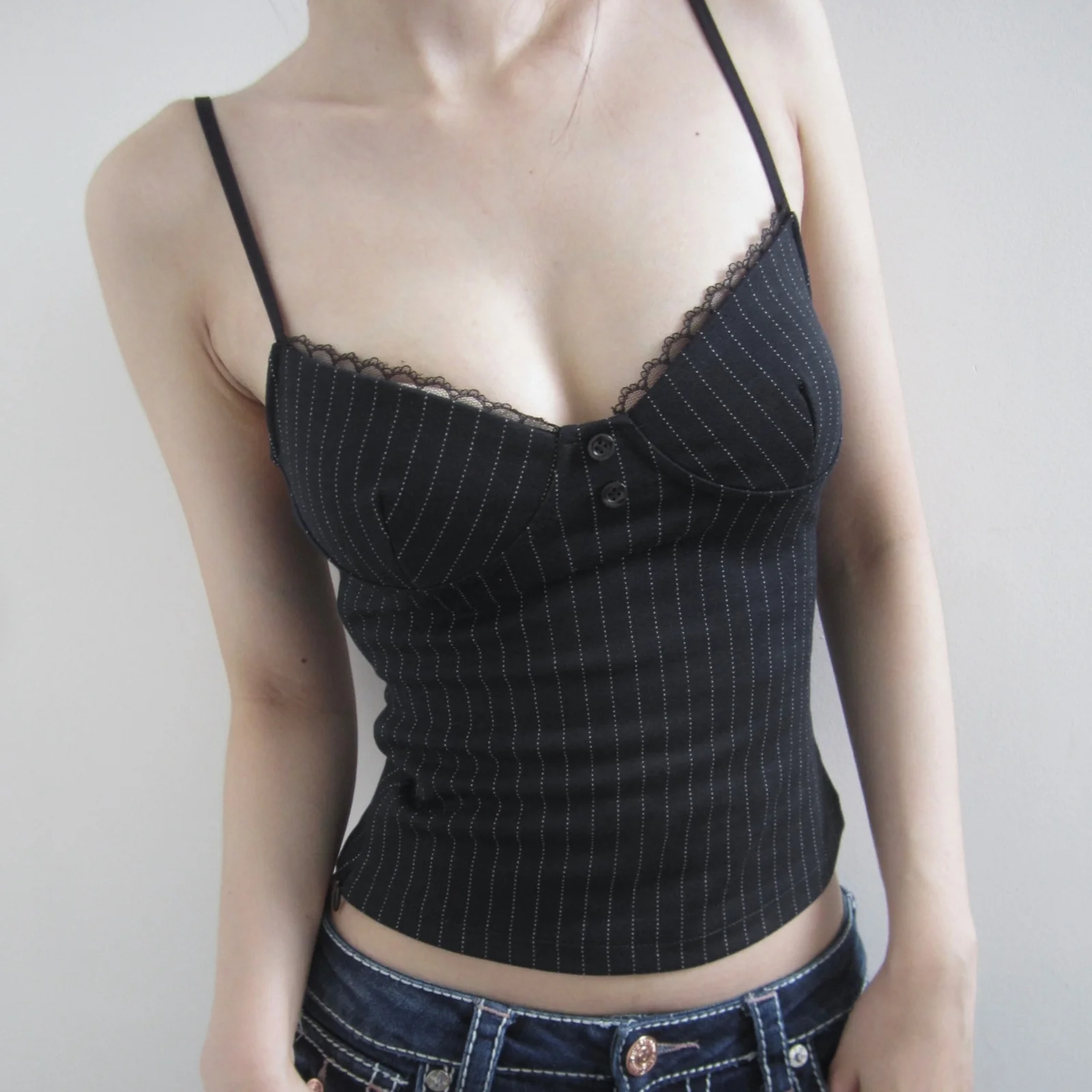 Retro American Lace Splicing Vertical Stripe Print Halter Vest Women's Autumn Slimming Short Style Top Fashionable And Versatile
