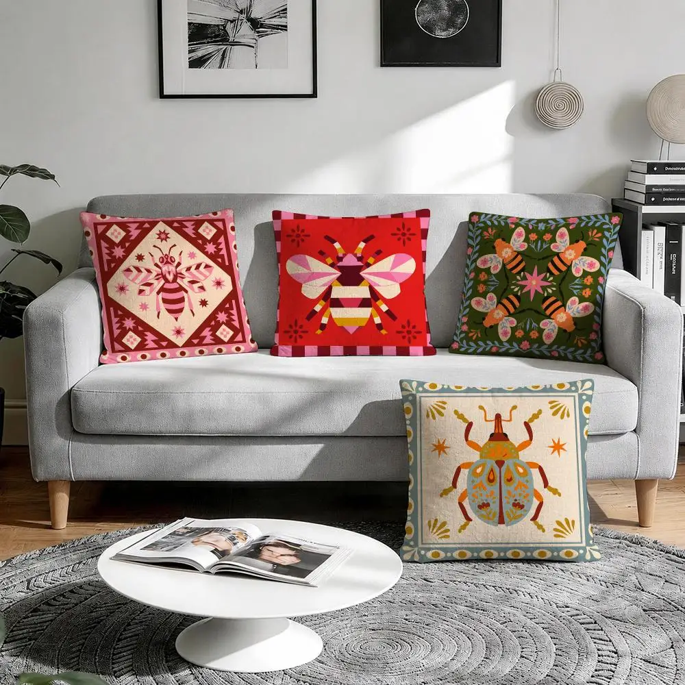 Folk Art Beetle Colorful Insect Cushion Cover Natural Breathable Durable Linen Printed Decor Pillow Case Sofa Bedroom