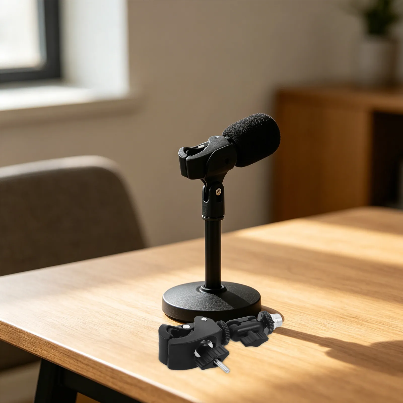Mic Stand Adjustable Clamp Dual Ball Head Double Mount Silver Screw Tabletop Studio Holder Desk Clamp
