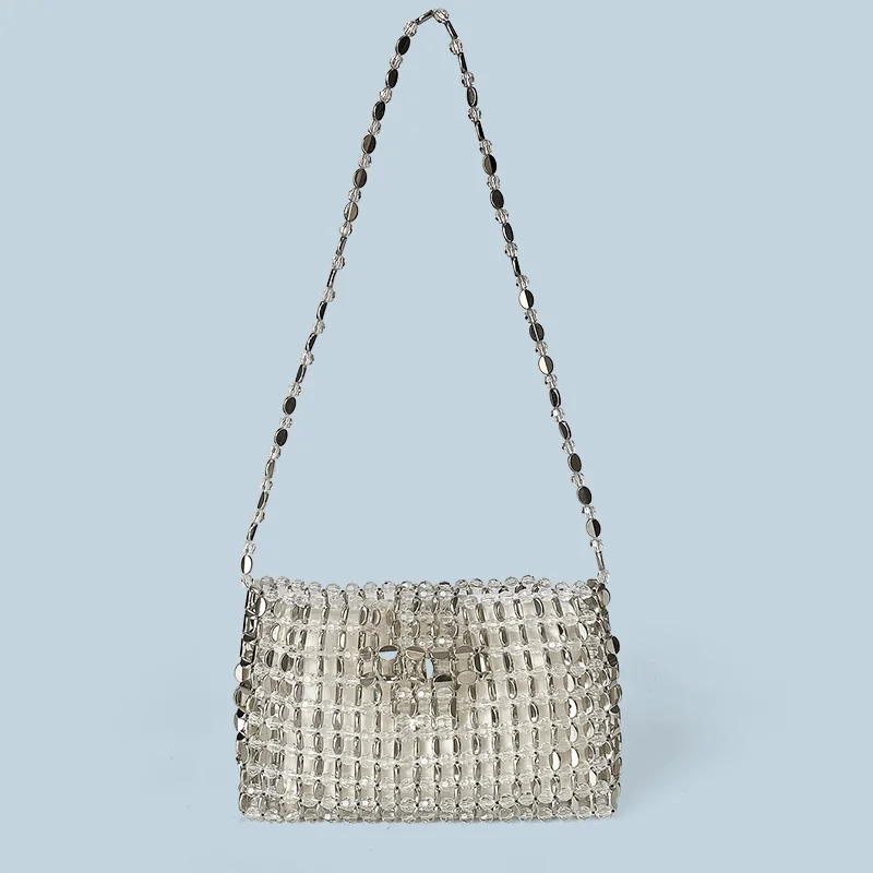 

New retro silver bead bag crossbody bag phone bag zipper small square bag hand woven bag