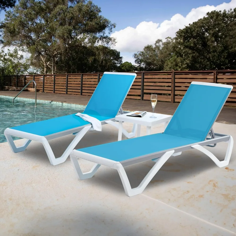 

Beach Reclining Armchairs Lounge Set or Patio Table (Two Aqua Chaises W/Table) Recliner Chair Deck-chair Chaise Lounge Sofa Room