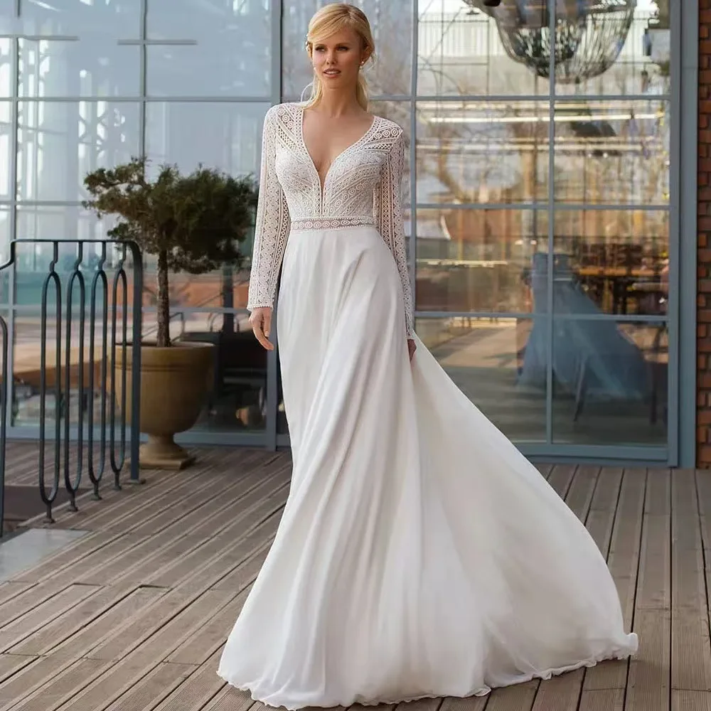 

Long Sleeve Wedding Dresses V-Neck Fashion Vestidos De Novia Court Train Appliques A-Line Robe De Mariée Custom-Made