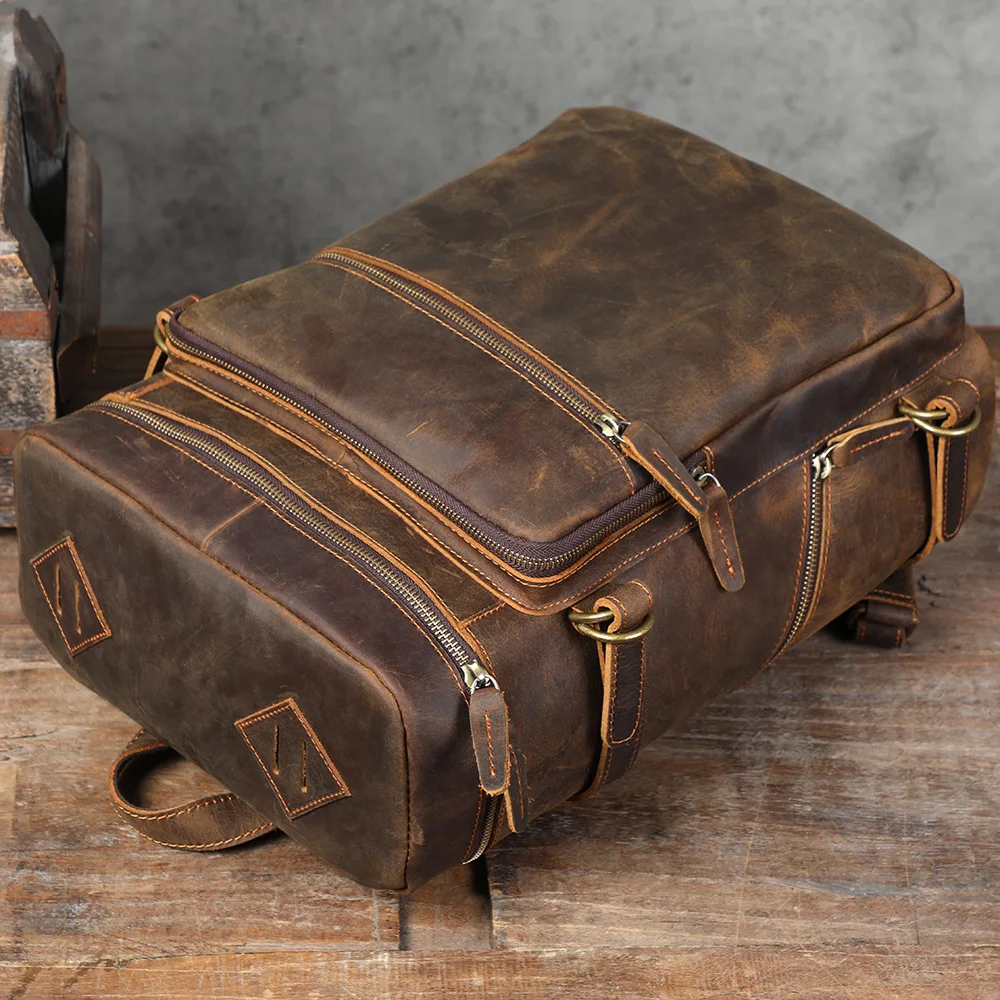 Vintage Echtleder-Rucksack, Laptop-Tasche, Crazy-Horse-Leder-Schultasche, Outdoor-Reise-Weekender-Umhängetasche – Detail 9