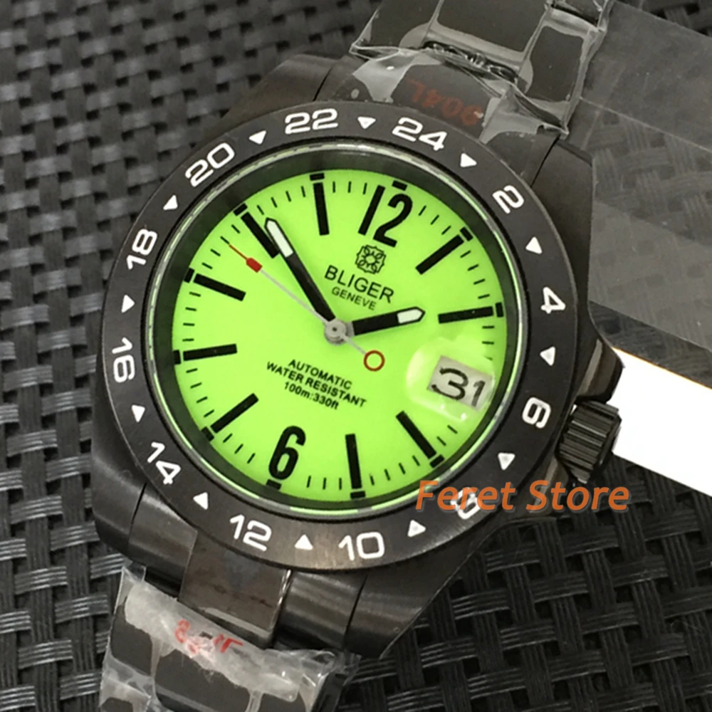 

BLIGER 40mm Watch New Men NH35 Automatic Mechanical Wristwatch Fluorescent Green White Dial Super Full Luminous Black Case Date