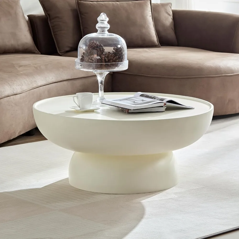 

Modern Bowl-Shape Coffee Table Cream White Round Center Table Fully-Assembled Drum Coffee Tables for Living Room Bedroom