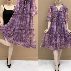 Robe mi-longue vintage à col en V pour femmes, robes imprimées à fleurs cassées, vêtements féminins élégants, ligne A, proximité, wstring épissé, été