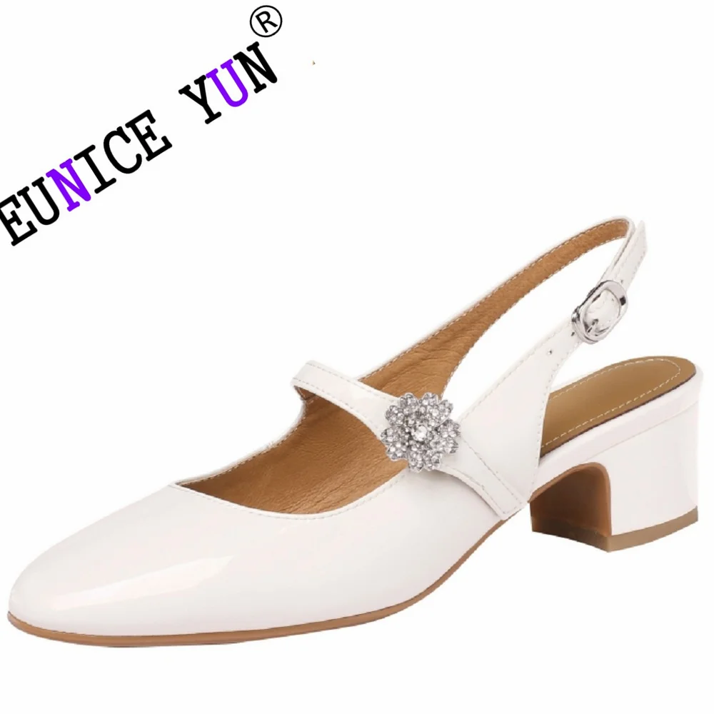 

【EUNICE YUN】New Woman Genuine Leather Shoes Rhinestone Slingbacks High Heels Shoes Luxury Brand Summer Round Toe Sandals 34-40