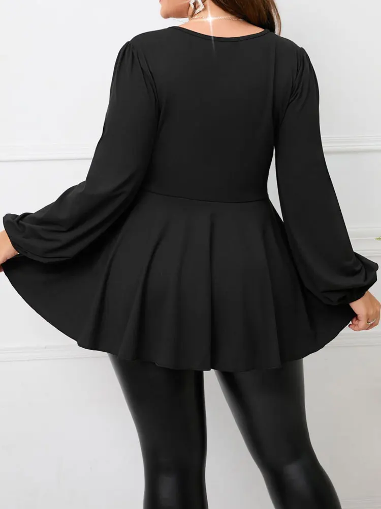 Women's Black Curvy Lantern Long Sleeve T-Shirt Polyester Plus Size Elegant Youth Skirt, Hem Tunic, Summer, Free Shipping, 2024