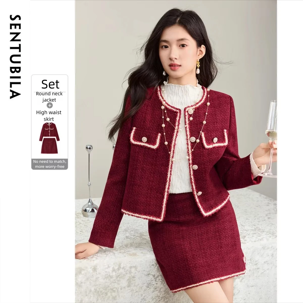 

SENTUBILA комплекты с юбкой, женский новый зимний офисный топ 2025, костюм с высокой талией, короткое платье трапециевидной формы, красная одежда из двух предметов 153ZA3482