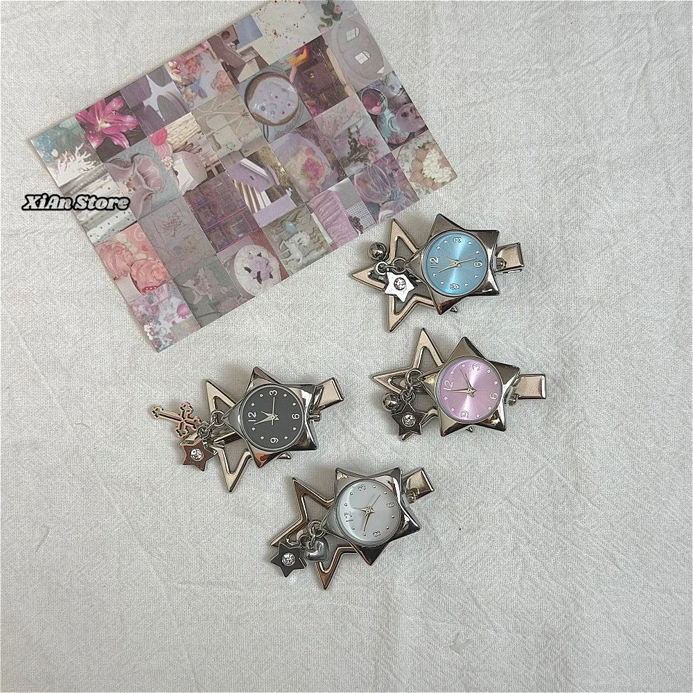 Subculture Y2K Star Pocket Watch Hair Clip Silver Metal Star Hair Barrette Mini Watch Hair For Harajuku Girls Street Decoration