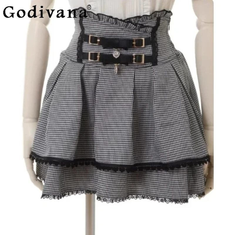 

Large Size Spring Summer New Sweet Japanese Leather Buckle Bow Skirt Cute Girl High Waist A-line College Short Cake Skirts