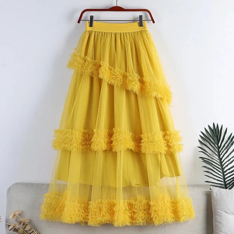 

2024 Sweet Cake Tulle Skirt Women Elegant Midi Long High Waist A Line Skirt Trendy Female Winter Yellow Green Party Skirt Lady