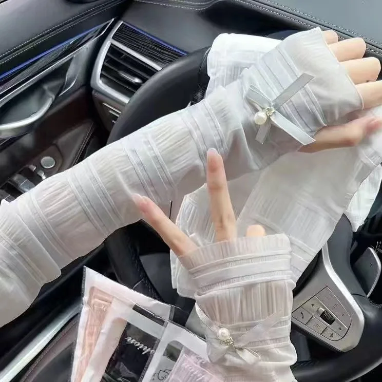 Mangas de seda de hielo con lazo de perlas para mujer, Mangas de protección solar de alta elasticidad, sombrilla UV, guantes con lazo, Oversleeve de conducción, Verano