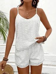 Hollow out embroidery sexy camisole vest short set summer vacation style outerwear sleeveless top shorts women's white