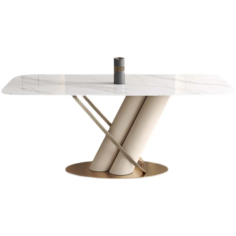 Modern sintering stone light luxury rectangular dining table stainless steel white base kitchen dining table