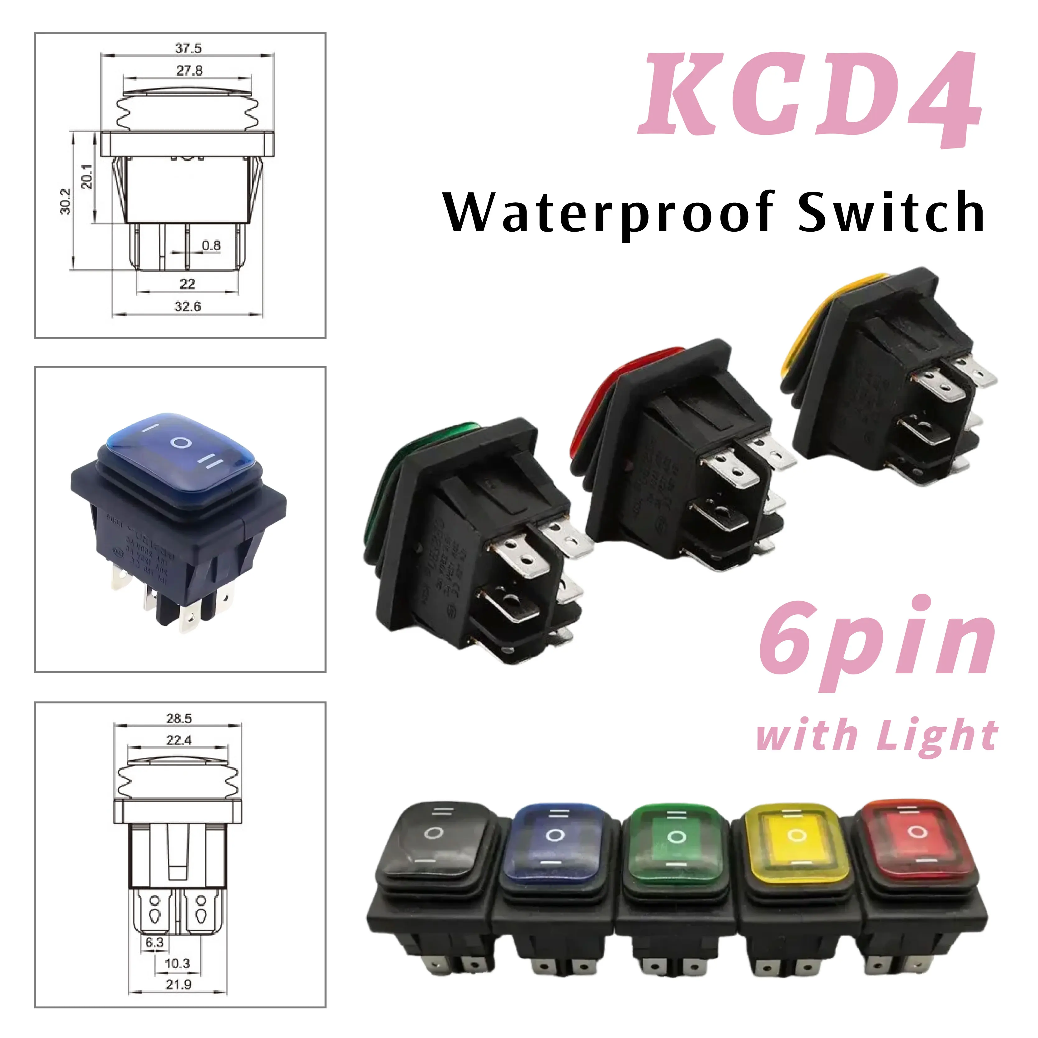 

KCD4 Водонепроницаемый герметичный кулисный переключатель, 6 контактов, сверхмощный DPDT, мгновенный, 16A, 250 В переменного тока, 12 В, 220 В, с лампой, кулисный переключатель, кнопка питания