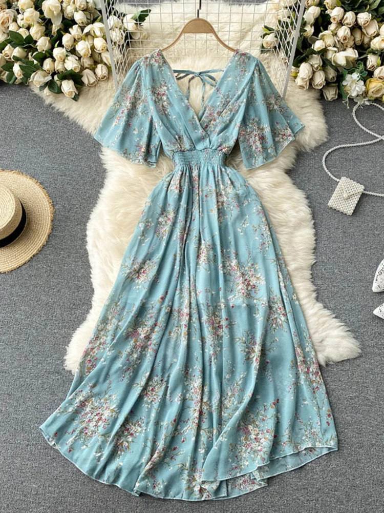 Women Summer Dress Bohemian Floral Print Sexy V-Neck High Waist Chiffon Long Dress Holiday Short Sleeve Backless Beach Vestidos