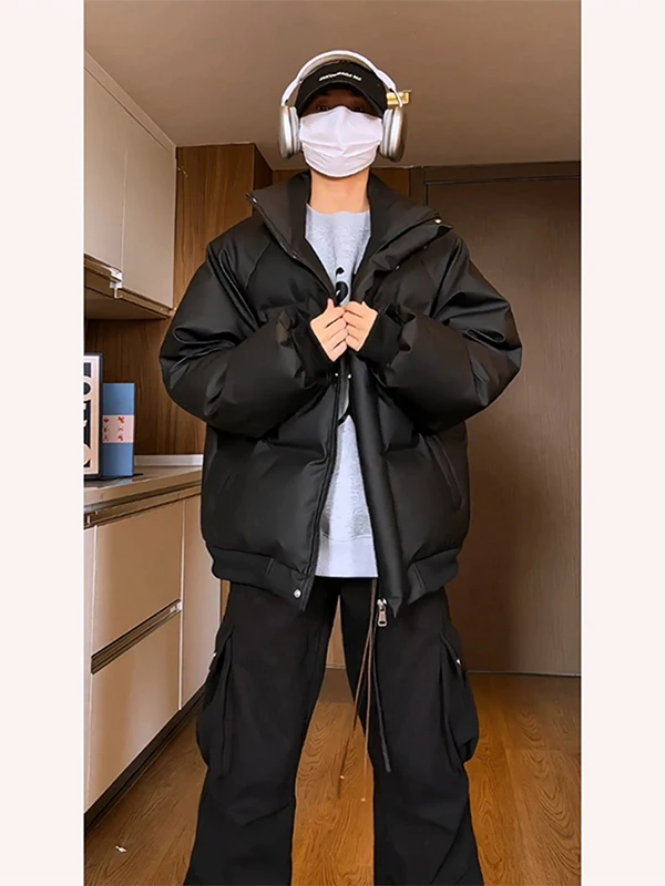 

Men's Bla PU Leather down Jaet Winter Warmth Embroidery Stand Collar Thiened Ci Casual Sle Zipper Closure Coat