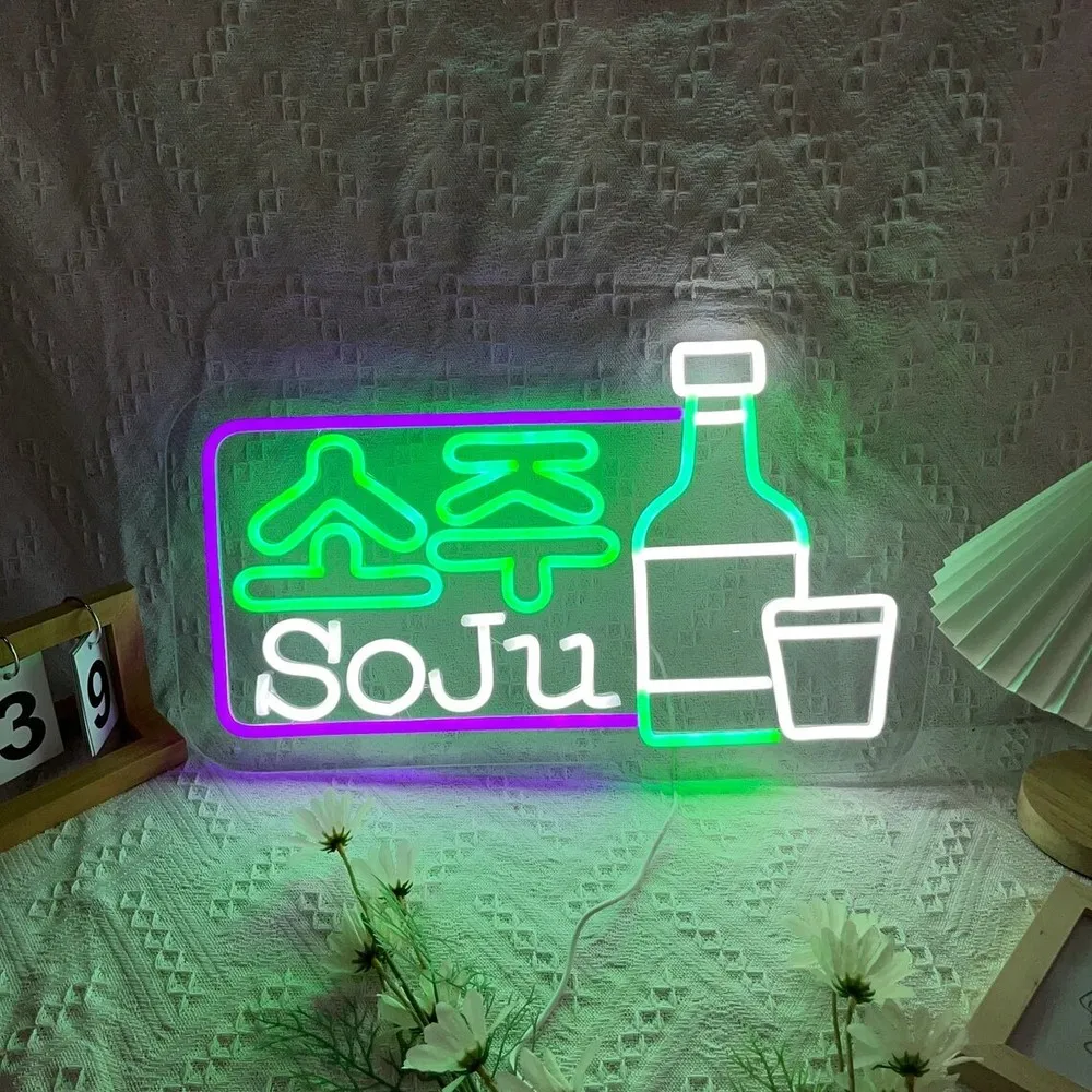 Korean Soju Neon Sign LED Neon Lights Sign USB Dimmable Business for Korean Restaurant Bar Drink Shop Tavern Hotel Decor Gift
