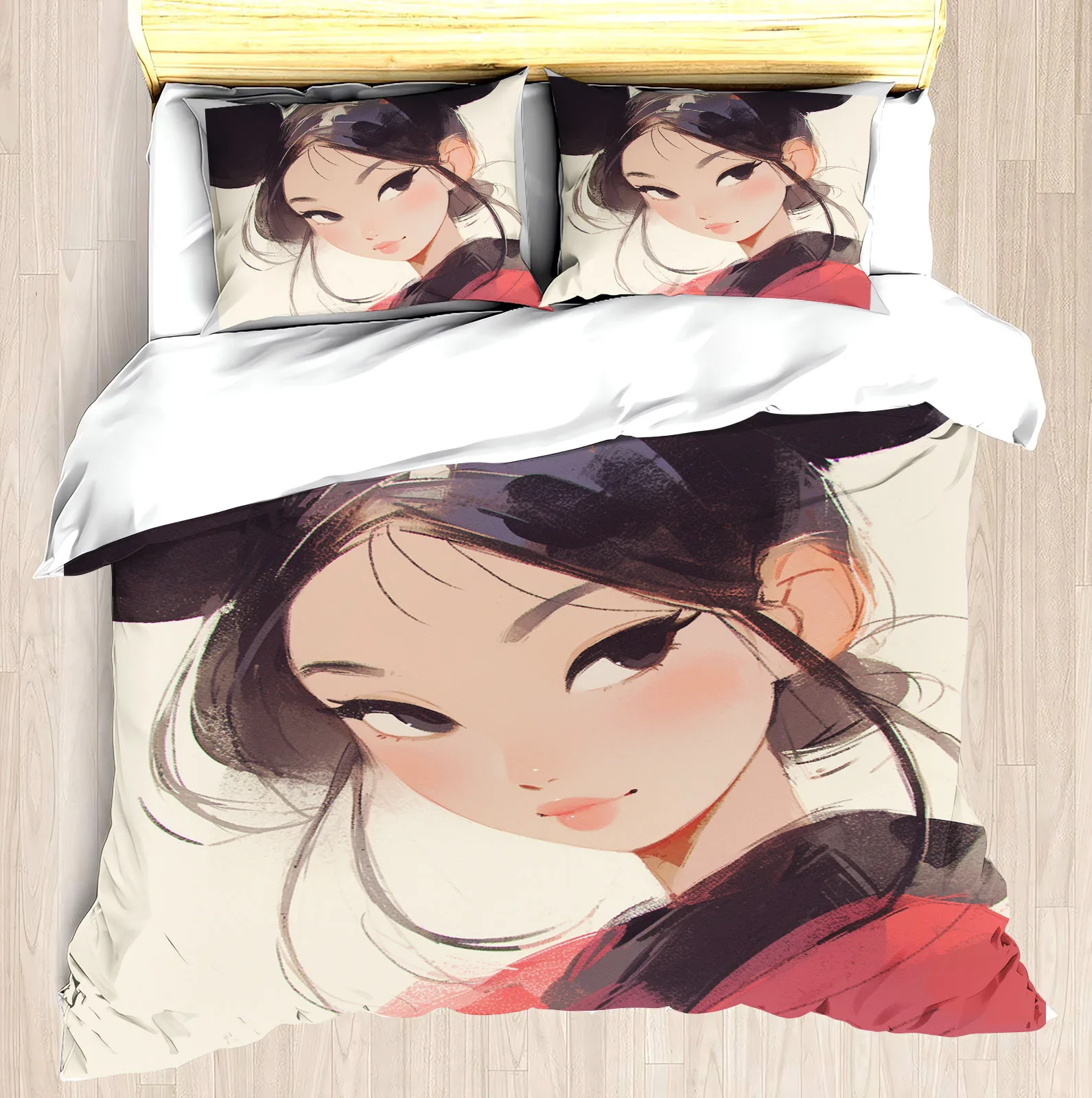 

MINISO-Modern Printed Duvet Cover Set,huamulan Princess Bedding Set, Cute Girl Duvet Cover, 3 Piece Set