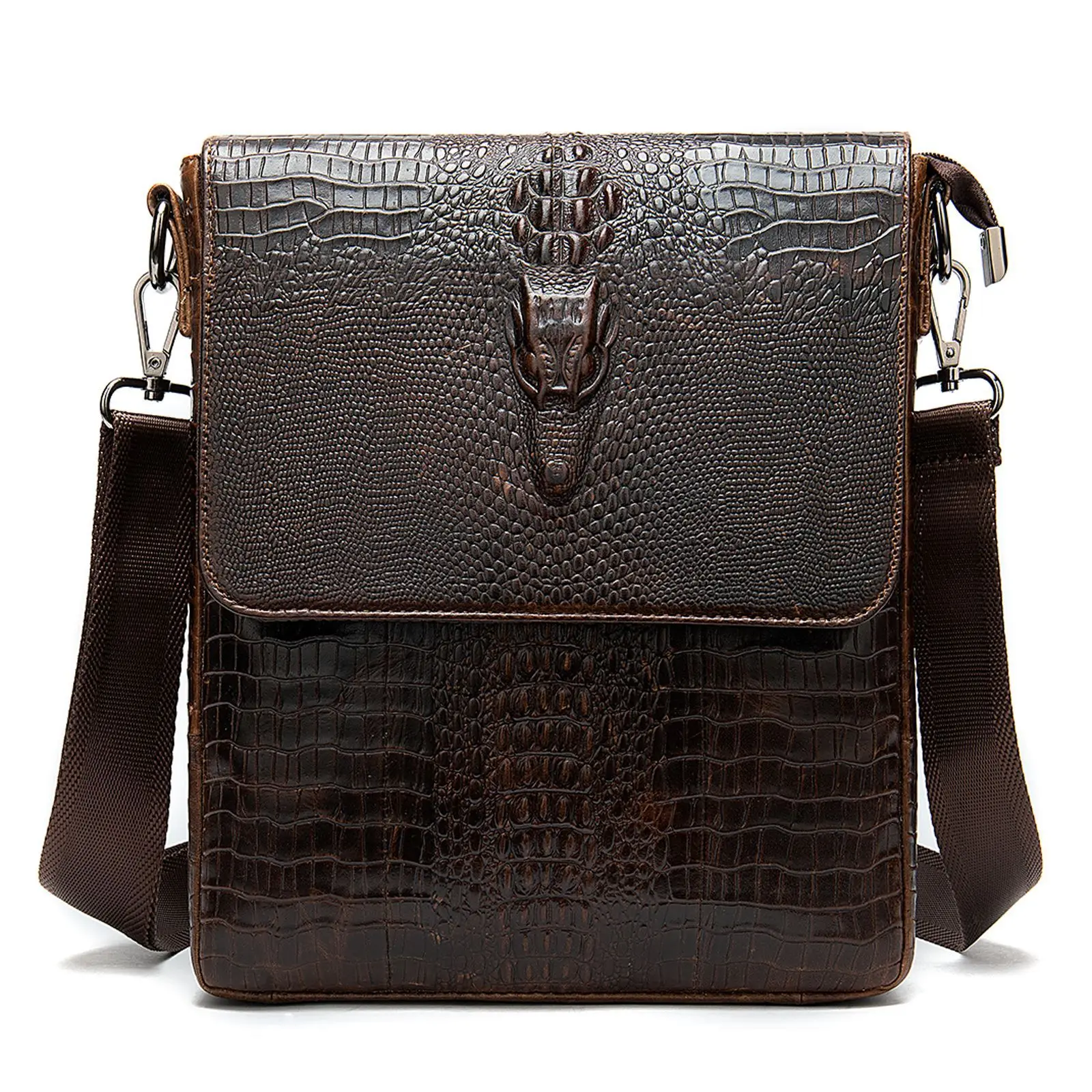 Vintage Crocodile Print Genuine Leather Crossbody Bag for Men