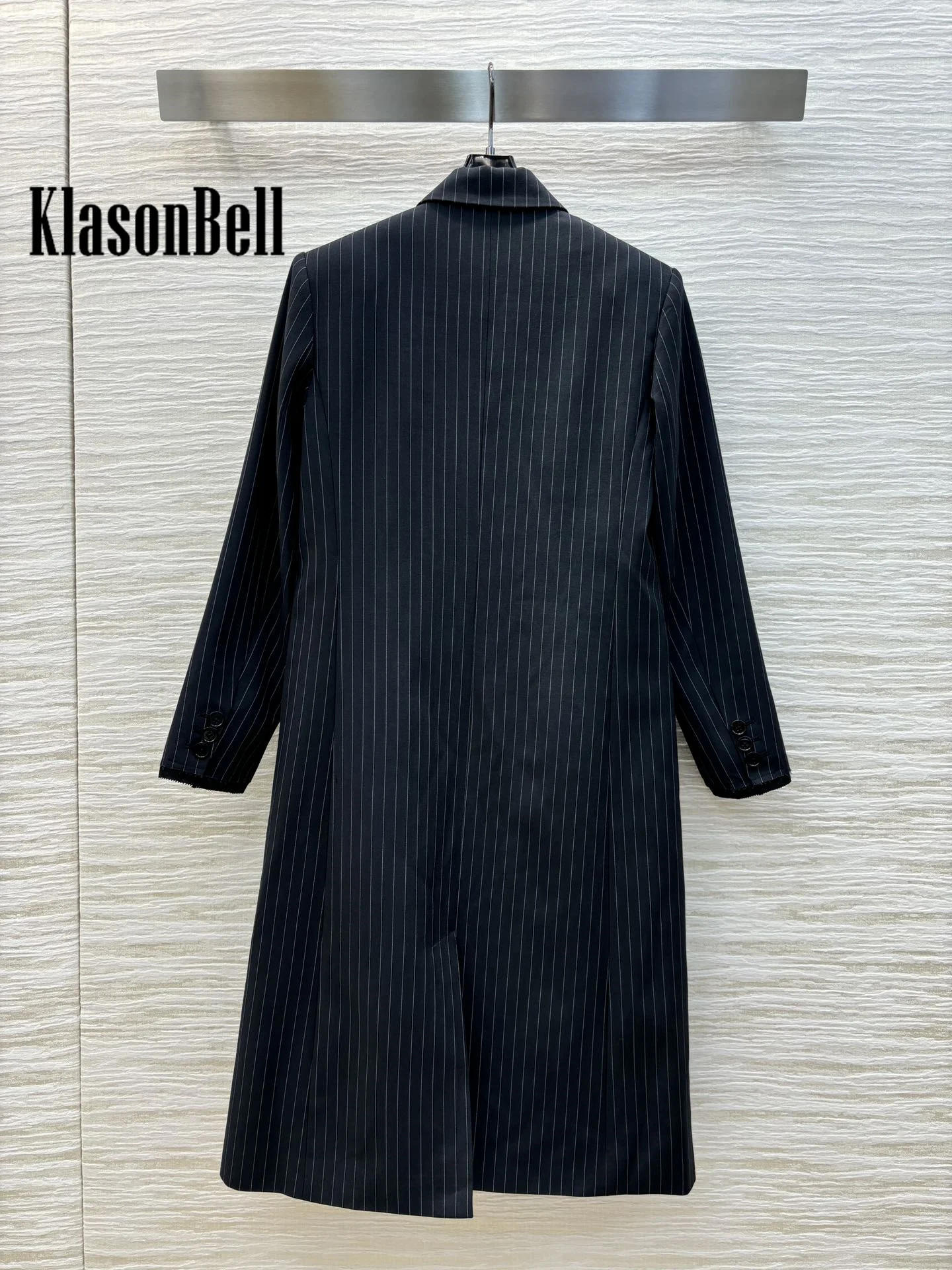 8.28 KlasonBell-Women Temperament Letter Embroidery Striped Long Blazer Notched Collar Single Breasted Back Split Jacket Coat