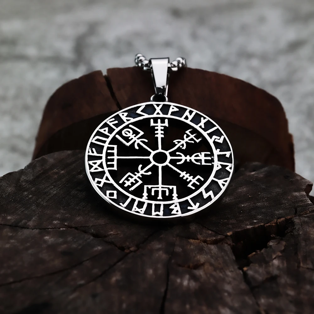 Viking Compass Rune Titanium Steel Pendant with European and American Style Men\'s Odin Logo Personalized Pendant Necklace