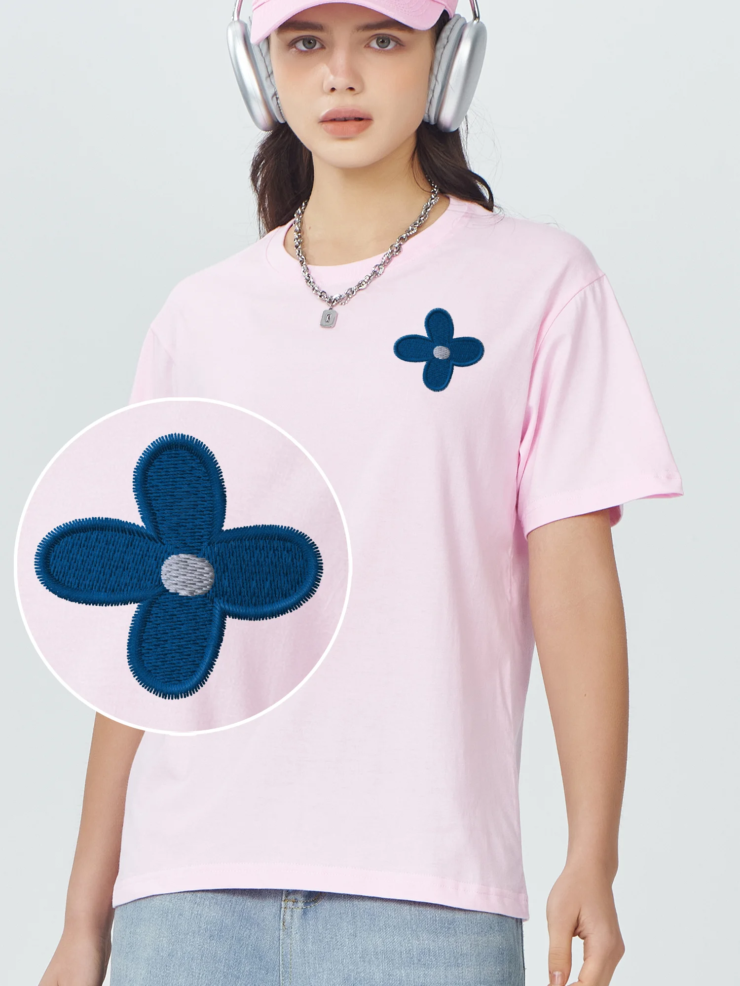 

Cute Blue Flower Embroidered Tshirt 100% Cotton Embroidery T-Shirts Camisas Basicas Hombre Men's Shirt T-Shirts Mother's Day