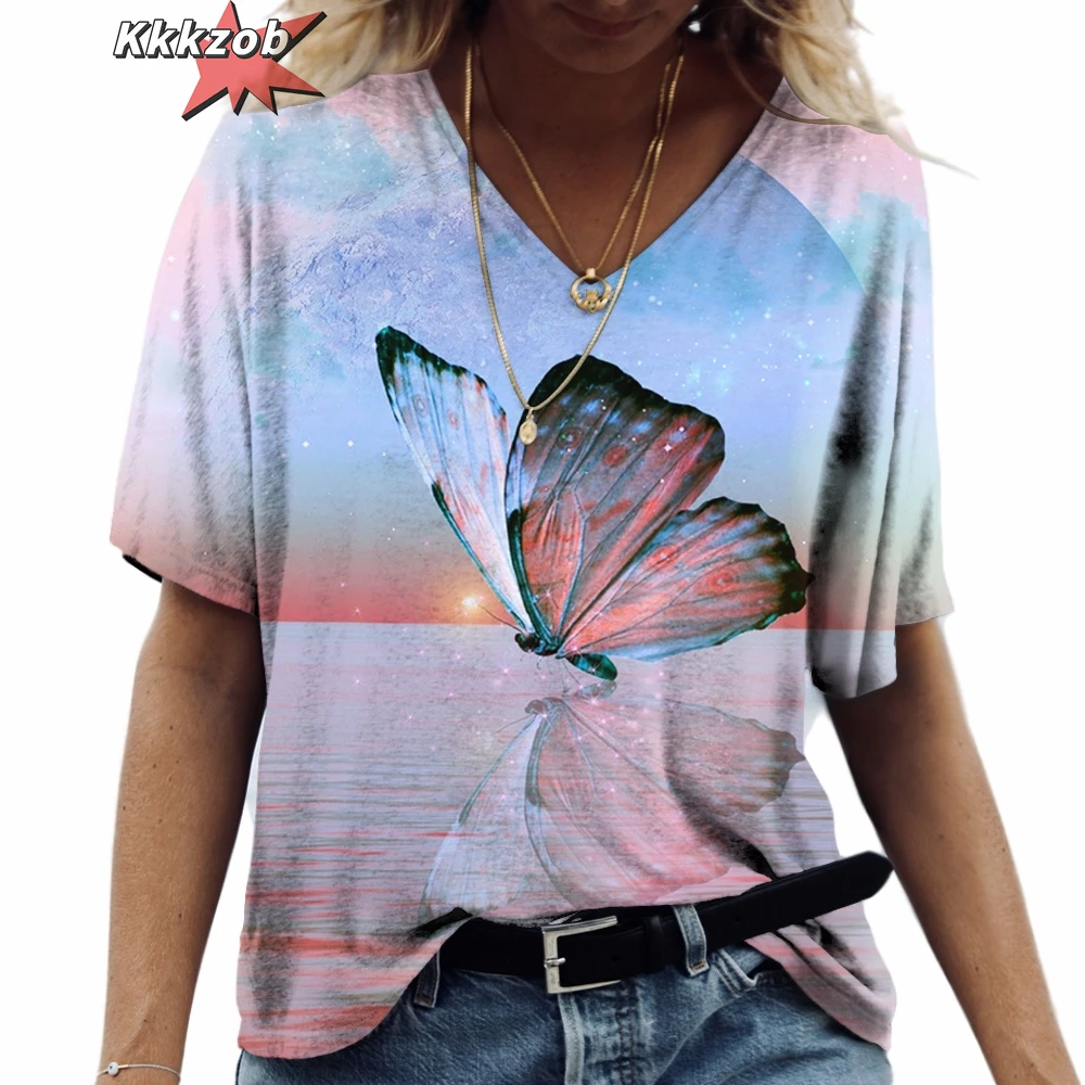 Butterfly Casual Clothing V-Neck Short Sleeve Tshirt Fashions Women\'s Tshirts Plus Size Tops Summerretro Everyday Life Clothing