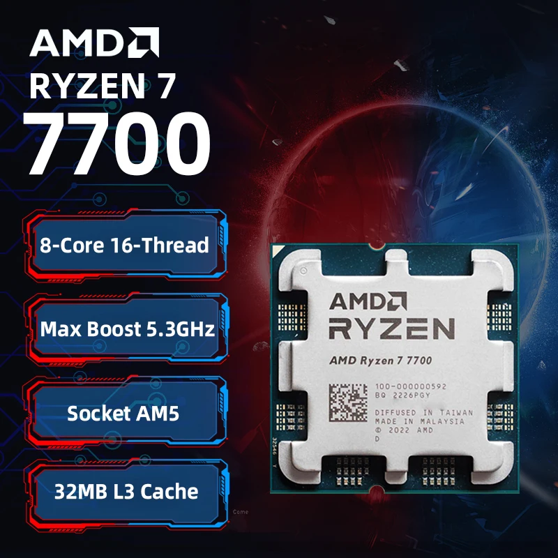 AMD Ryzen 7 7700 AMD R7 7700 CPU 8-Core 16-Thread 5,3 GHz 40 MB Game Cache entsperrte Desktop-Prozessor Sockel AM5 Gaming CPU