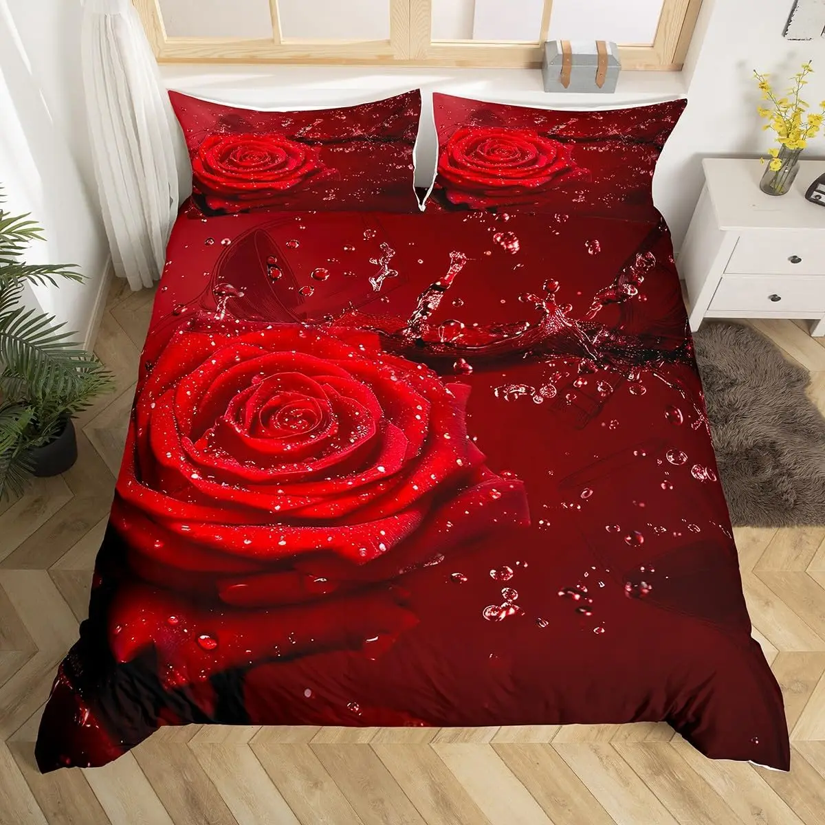Floral Duvet Cover Set Full Queen Size Red Rose Bedding Set Microfiber Romantic Flower Quilt Cover Wedding Valentine's Day Decor