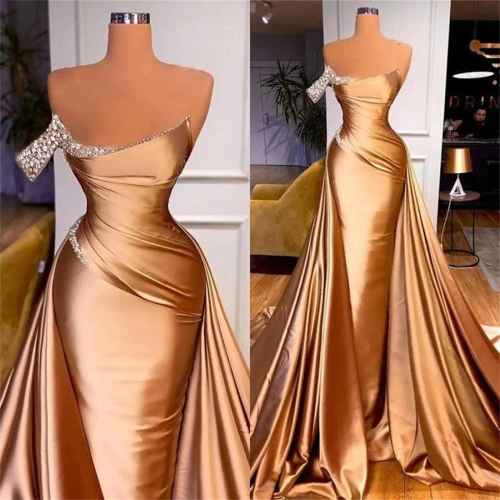 Gorgeous Gold Satin Evening Dresses One Shoulder Mermaid Luxury Crystal Formal Party Prom Gowns Pleat Robe De Soiree