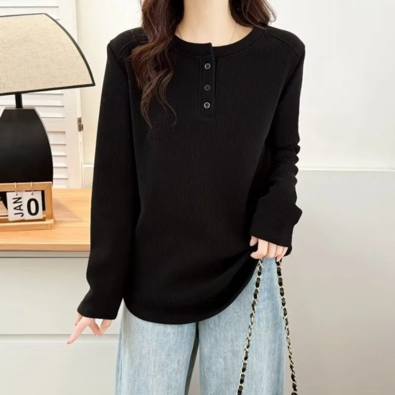 Women Plus Size Henley Collar Long Sleeve Top Fleece Lined Loose Warm Inner Shirt For Fall Winter S 4XL