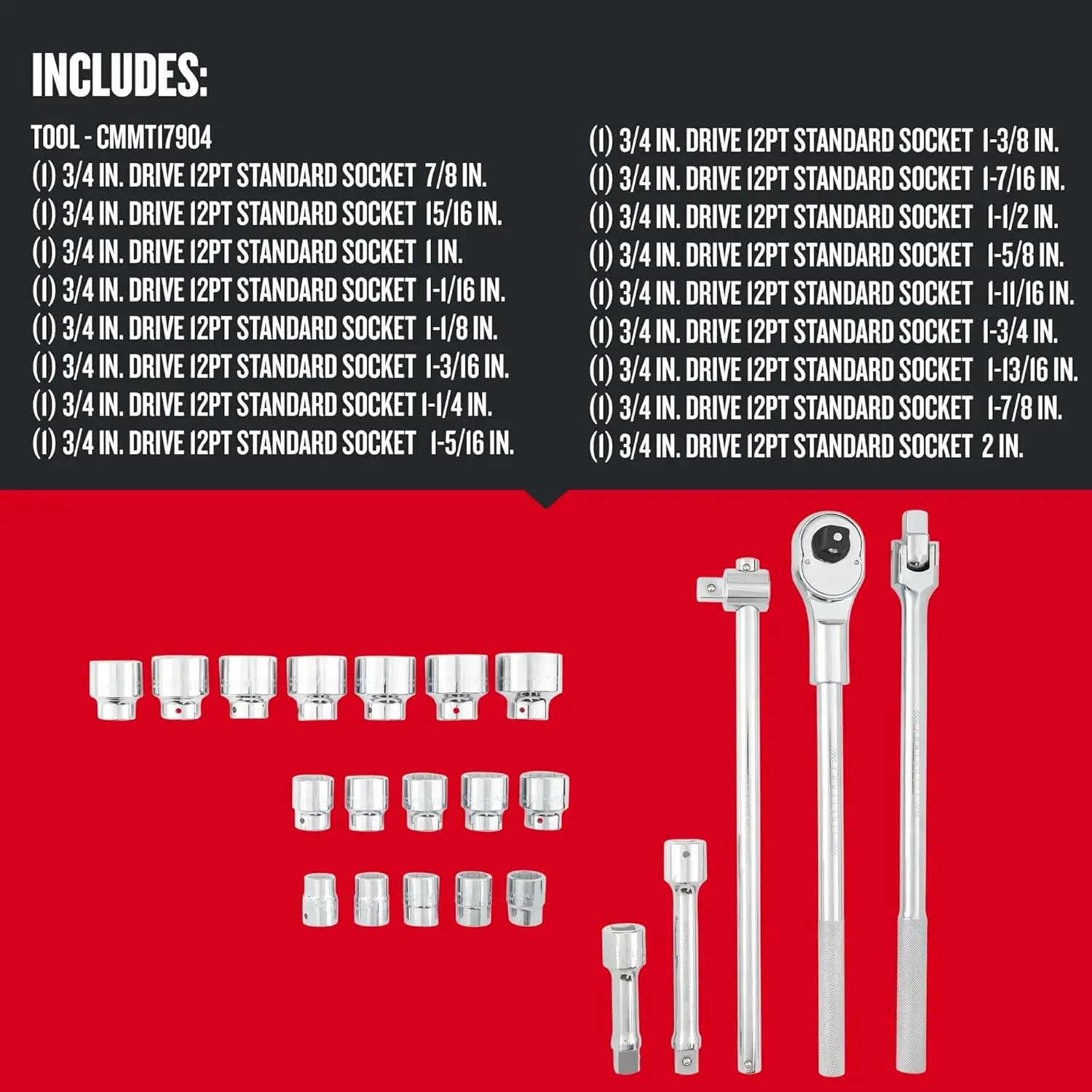 Mechanics Tool Set, 3/4 Inch Drive, Ratchet, Sockets, Extension Bars, T-Handle, 22 Piece (Cmmt17904)