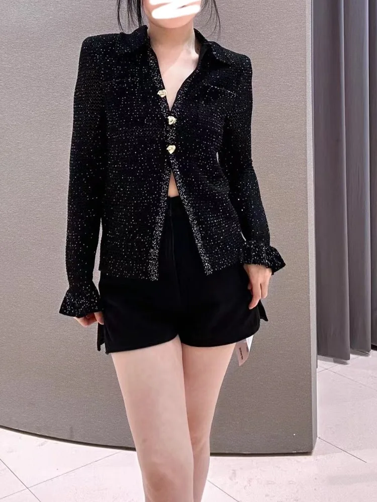 Ele Long Sve Gebreid Vest irt Classic Bla Diamond Bead Versierd Bovenkleding Dames Slim Fit irt Cool Sensation